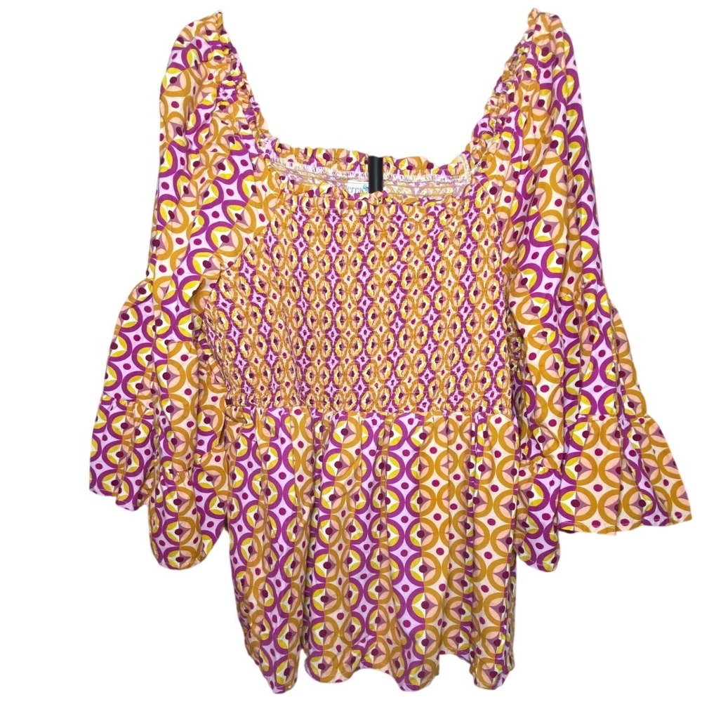 Terra & Sky Plus Size 2X Smocked Peplum Top Geometric Print‎ Bell Sleeve Purple